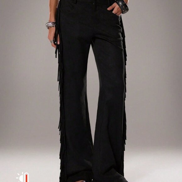 Black Women's Casual Flared Leg Faux Suede Fringe Side Pants - Picture 3 of 7